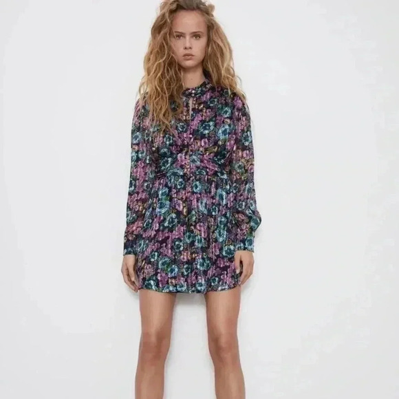 NWT Zara Floral Dress With Metallic Thread - Picture 1 of 8